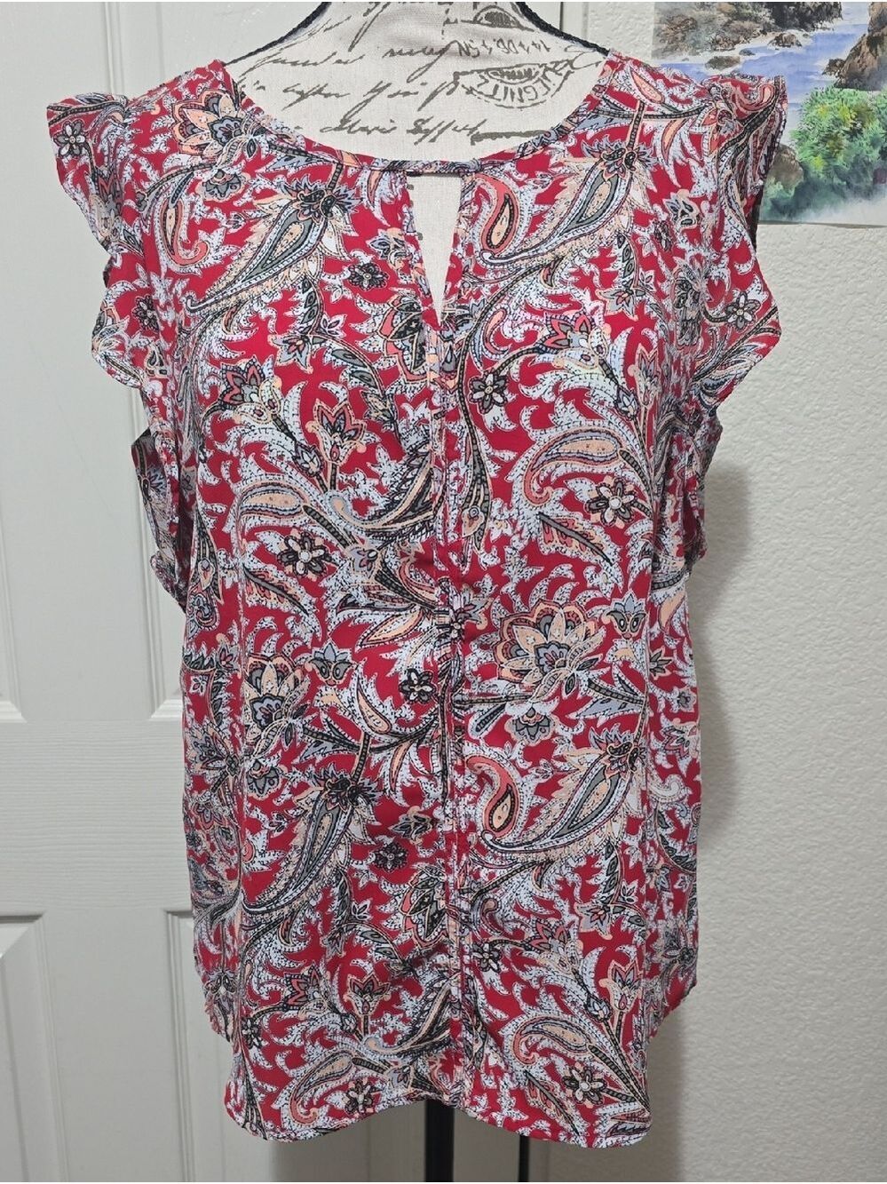Banana Republic Womens Red White Paisley Flutter Sleeve Blouse Small